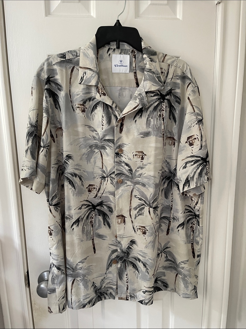 Caribbean Palm-Print Short Sleeve Shirt in Beige and Gray